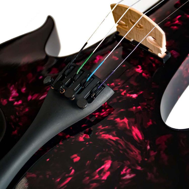 Close-up of the Kinglos Rose Galaxy electric violin bridge and pickup
